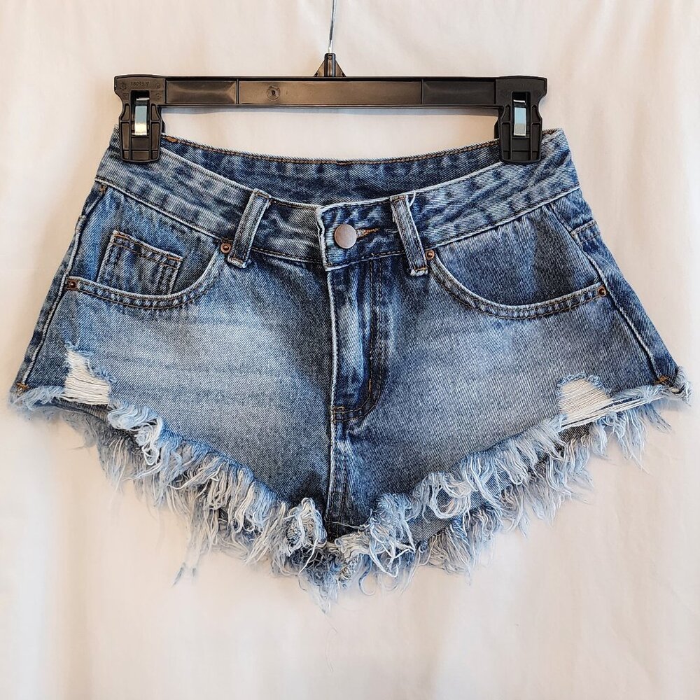 SHEIN 26 Waist Shorts Blue Denim Jean Cotton Raw Hem